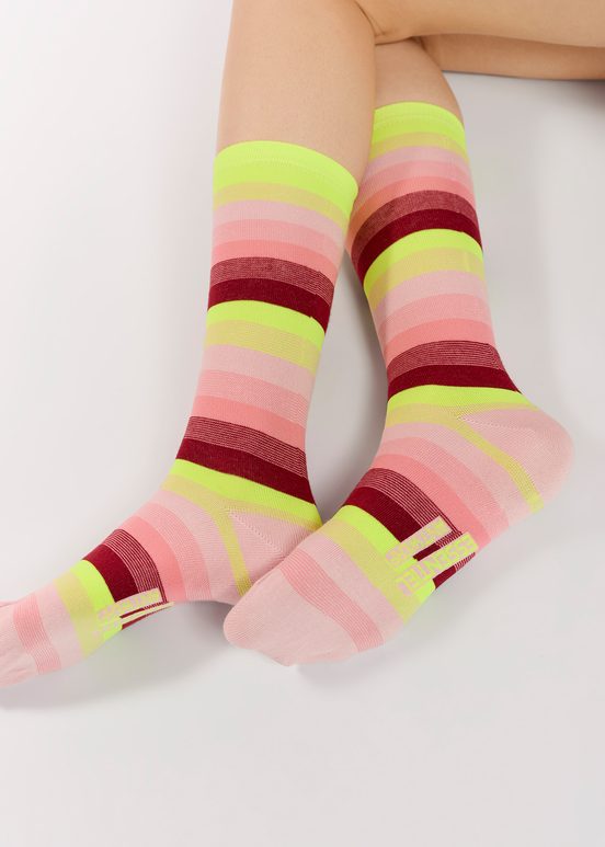 Light pink, burgundy and neon yellow striped socks