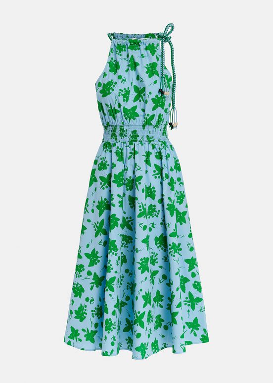 Green and light blue cotton halter neck dress with floral print