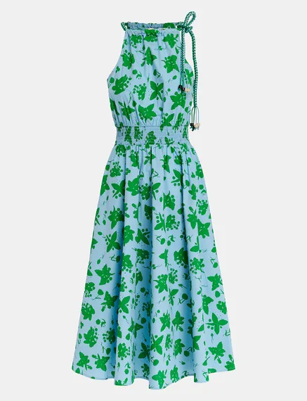 Green and light blue cotton halter neck dress with floral print