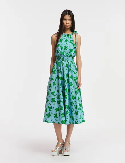 Green and light blue cotton halter neck dress with floral print