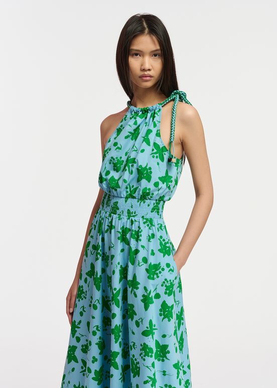 Green and light blue cotton halter neck dress with floral print