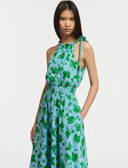 Green and light blue cotton halter neck dress with floral print