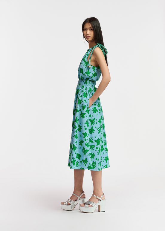 Green and light blue cotton halter neck dress with floral print