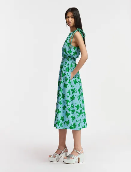 Green and light blue cotton halter neck dress with floral print