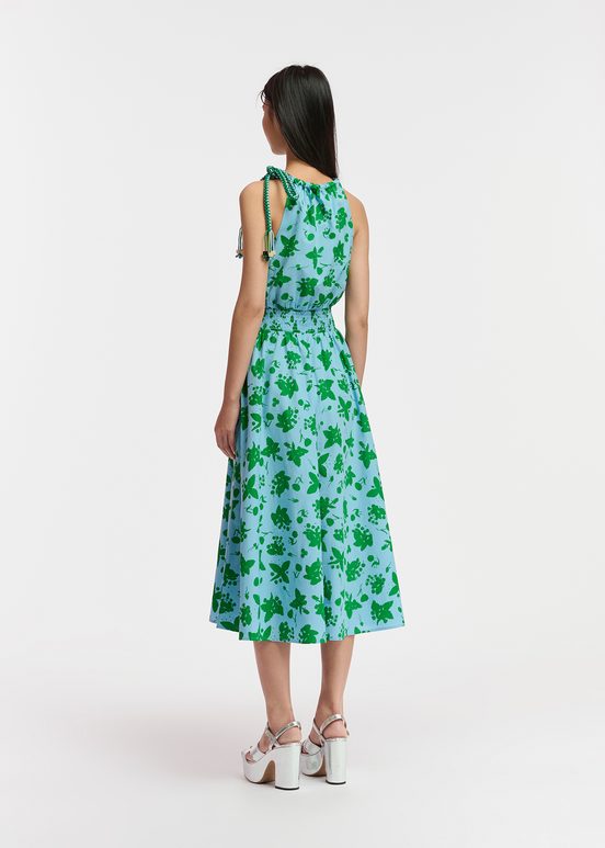 Robe fleurie verte et bleu clair à encolure américaine 