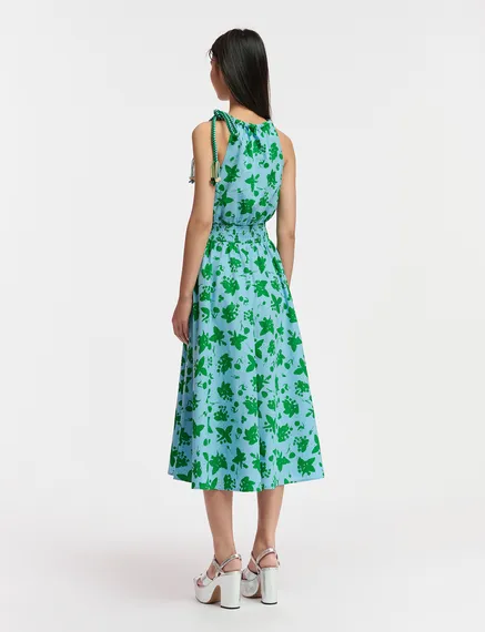 Robe fleurie verte et bleu clair à encolure américaine 