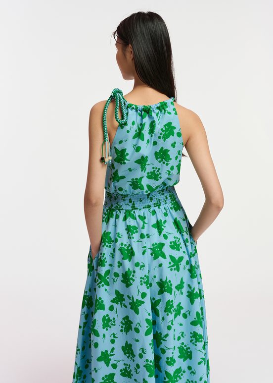 Green and light blue cotton halter neck dress with floral print