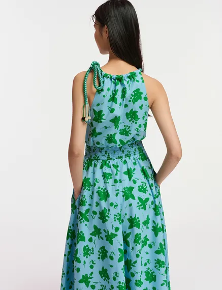 Green and light blue cotton halter neck dress with floral print