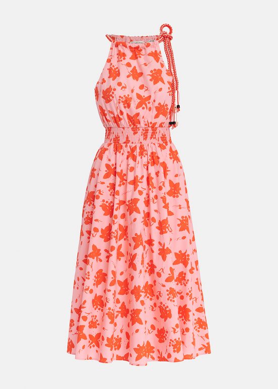 Light pink and red cotton halter neck dress with floral print