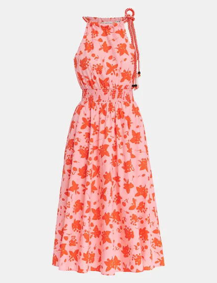 Light pink and red cotton halter neck dress with floral print