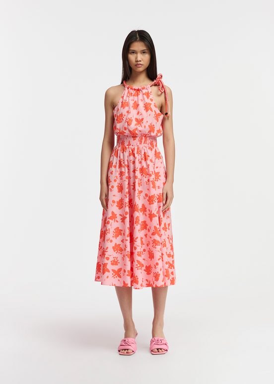 Light pink and red cotton halter neck dress with floral print