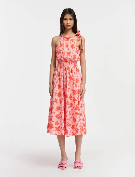 Light pink and red cotton halter neck dress with floral print