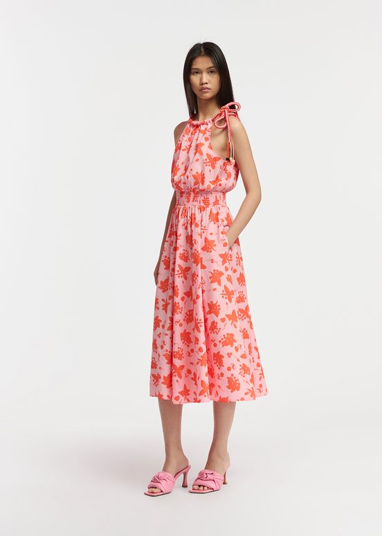 Light pink and red cotton halter neck dress with floral print