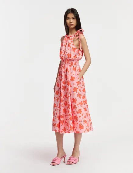 Light pink and red cotton halter neck dress with floral print