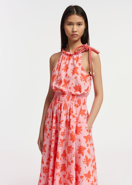 Light pink and red cotton halter neck dress with floral print