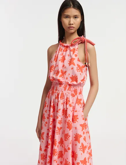 Light pink and red cotton halter neck dress with floral print