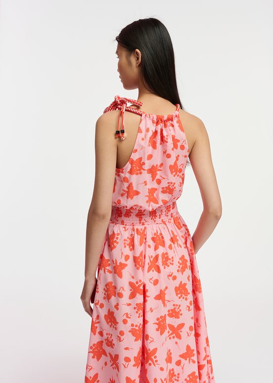 Light pink and red cotton halter neck dress with floral print