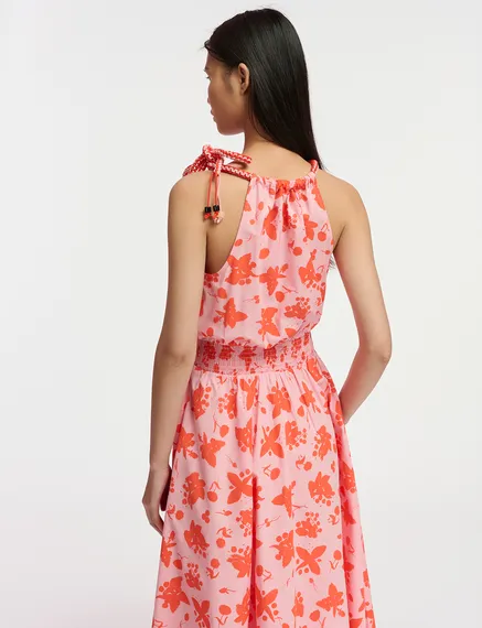 Light pink and red cotton halter neck dress with floral print