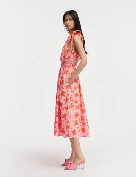 Light pink and red cotton halter neck dress with floral print