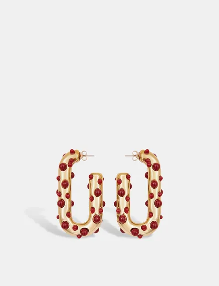 Gold-tone and burgundy chunky hoop earrings