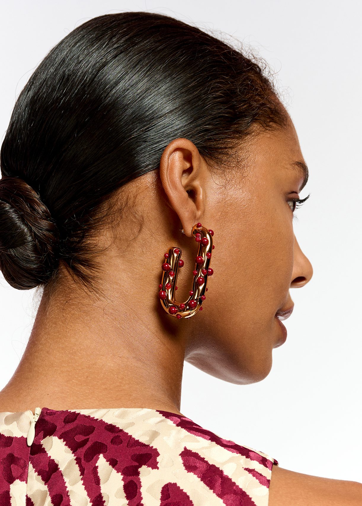 Gold-tone and burgundy chunky hoop earrings