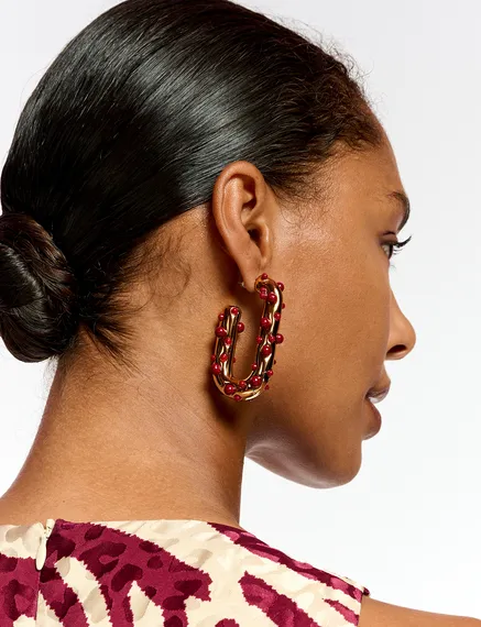 Gold-tone and burgundy chunky hoop earrings