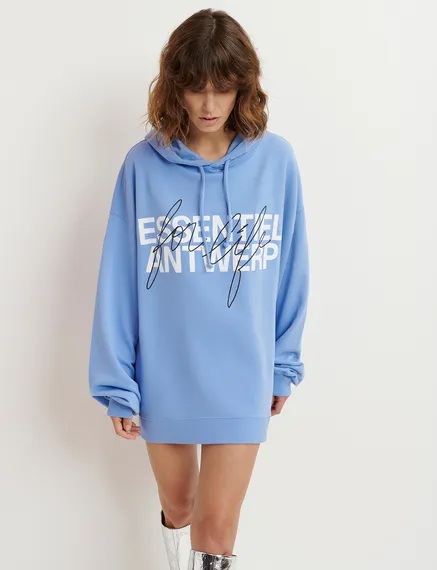 Blue organic cotton-jersey hoodie with logo print