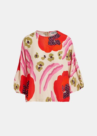 Ecru, red and pink batwing-sleeve top with abstract print