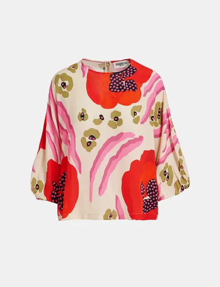 Ecru, red and pink batwing-sleeve top with abstract print