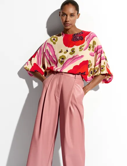 Ecru, red and pink batwing-sleeve top with abstract print