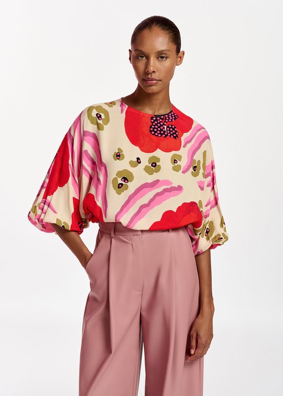 Ecru, red and pink batwing-sleeve top with abstract print