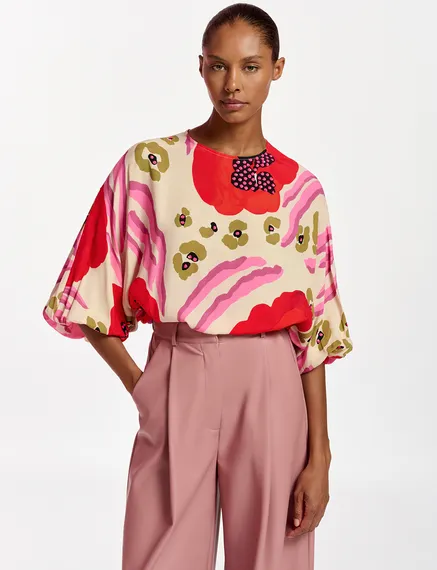 Ecru, red and pink batwing-sleeve top with abstract print