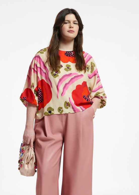 Ecru, red and pink batwing-sleeve top with abstract print