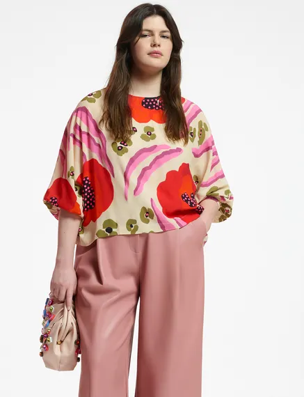 Ecru, red and pink batwing-sleeve top with abstract print