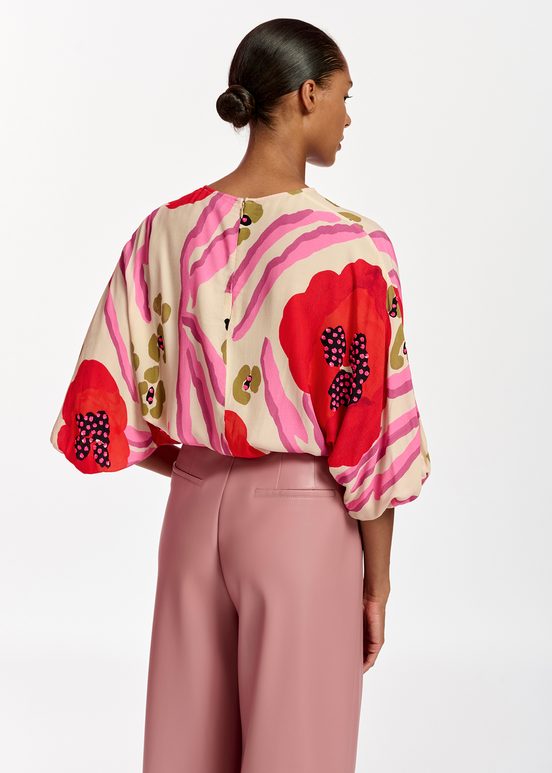 Ecru, red and pink batwing-sleeve top with abstract print