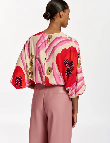 Ecru, red and pink batwing-sleeve top with abstract print