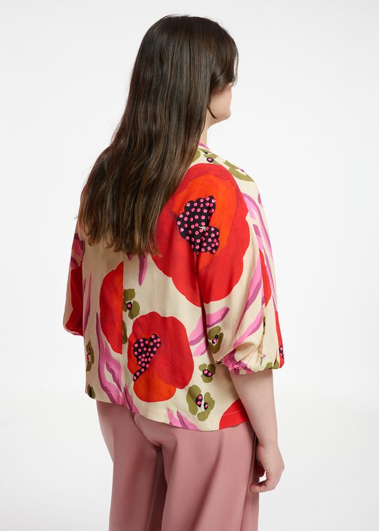 Ecru, red and pink batwing-sleeve top with abstract print