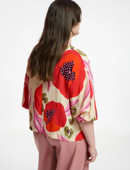 Ecru, red and pink batwing-sleeve top with abstract print