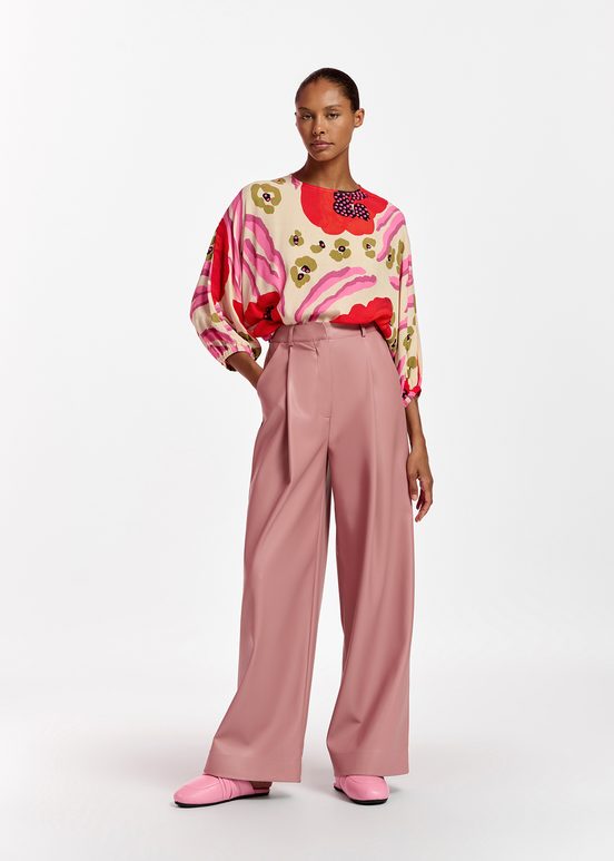 Ecru, red and pink batwing-sleeve top with abstract print