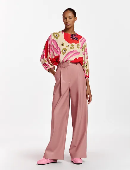 Ecru, red and pink batwing-sleeve top with abstract print