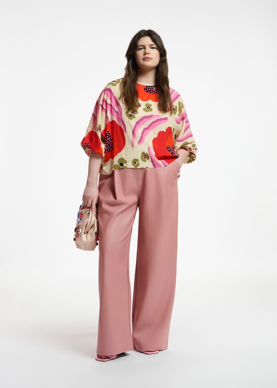 Ecru, red and pink batwing-sleeve top with abstract print