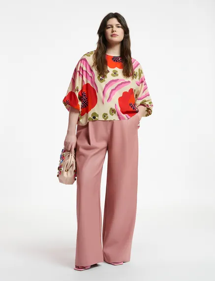 Ecru, red and pink batwing-sleeve top with abstract print