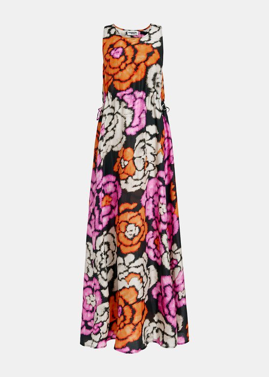 Black, orange and ecru silk dress with floral print