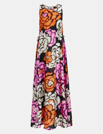 Black, orange and ecru silk dress with floral print