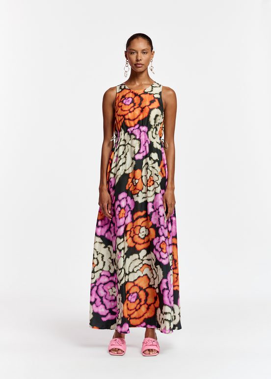 Black, orange and ecru silk dress with floral print