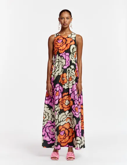 Black, orange and ecru silk dress with floral print