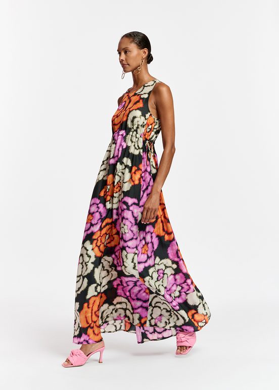 Black, orange and ecru silk dress with floral print