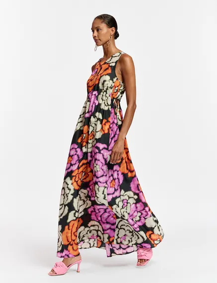 Black, orange and ecru silk dress with floral print