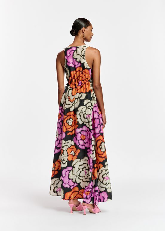 Black, orange and ecru silk dress with floral print