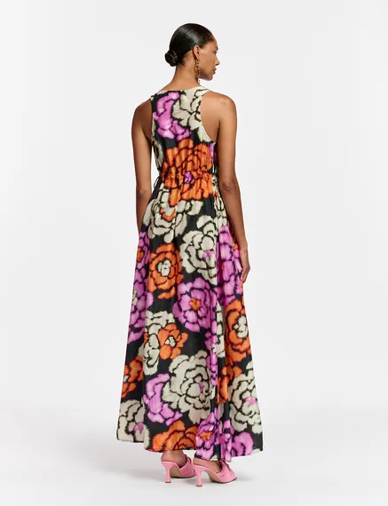 Robe en soie fleurie noire, orange et écru